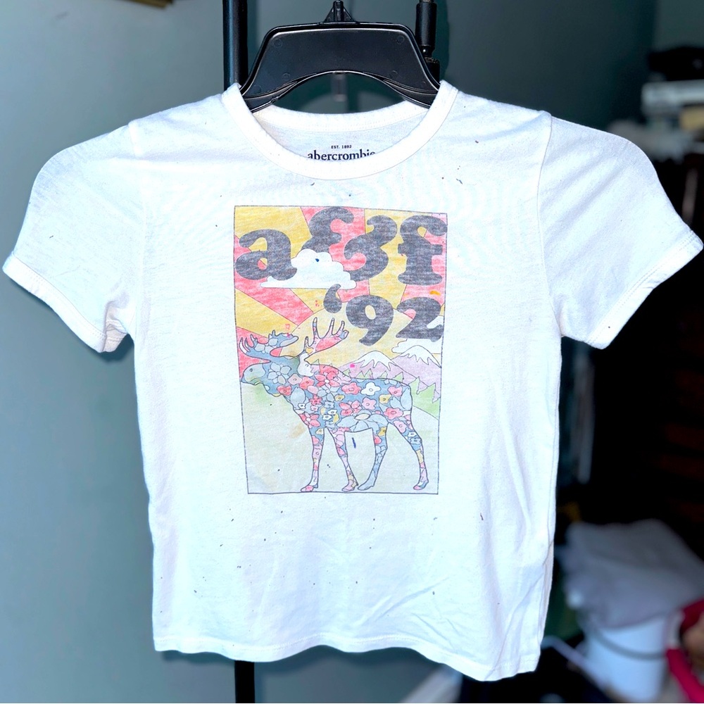 Last chance! Abercrombie Kids 11/12 white tee with colorful moose ‘92 graphic